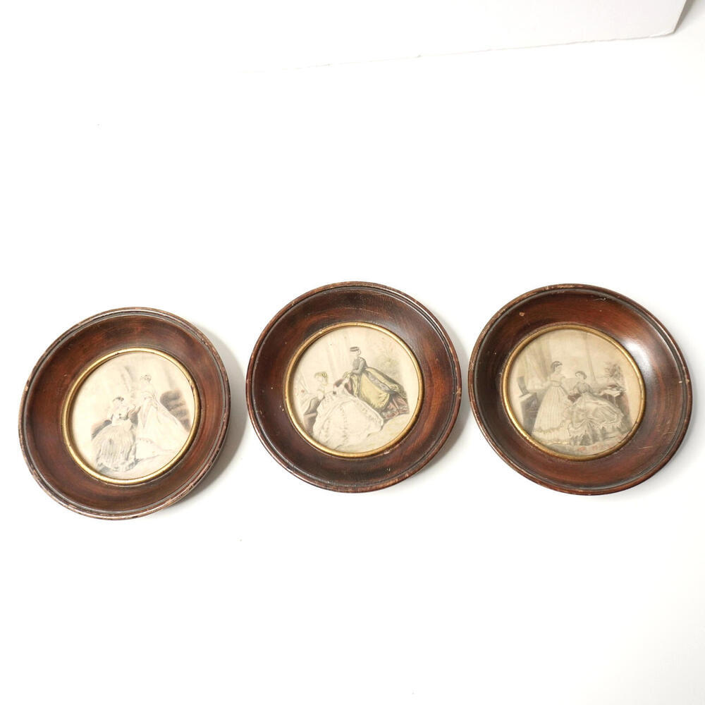 Vintage La Mode Illustre Prints Circle Wood Frames 3 Pc French Fashion 6" Retro